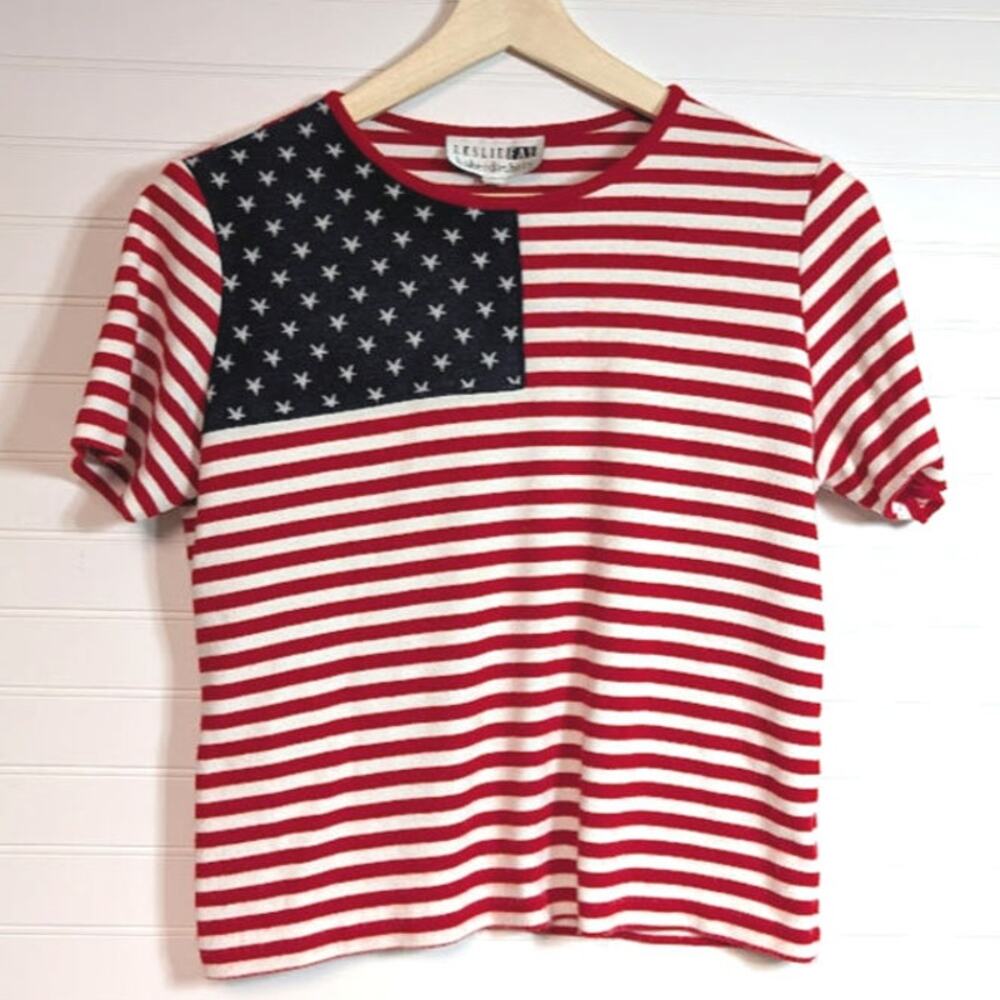 Vtg 90s Americana Patriotic short sleeve Petite Medium Leslie Fay Haberdashery